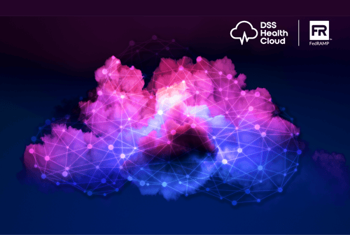 Abstract digital cloud visualization with interconnected network nodes in gradient colors from pink to blue, featuring DSS Health Cloud and FedRAMP logos