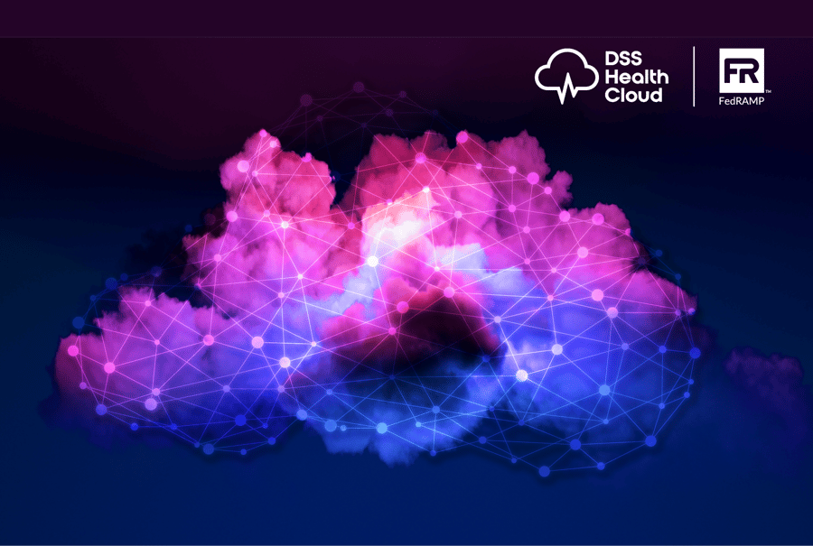 Abstract digital cloud visualization with interconnected network nodes in gradient colors from pink to blue, featuring DSS Health Cloud and FedRAMP logos