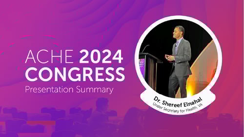 A presentation slide for ACHE 2024 Congress featuring a speaker in a gray suit at a podium against a vibrant purple background.