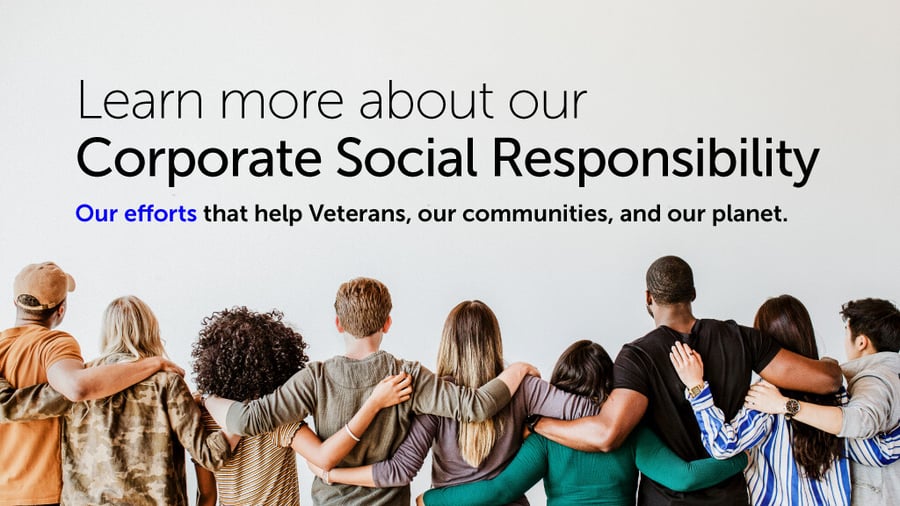 A corporate social responsibility banner showing a diverse group of people with their backs to the camera, standing with arms around each other's shoulders, with text highlighting efforts to help Veterans, communities, and the planet.
