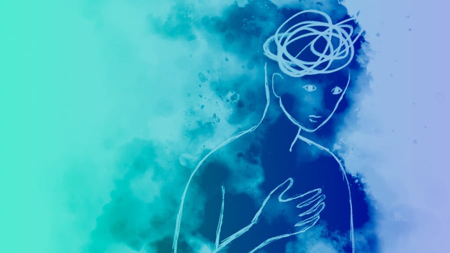 An artistic illustration with a minimalist white line drawing of a figure with swirling hair against a gradient background of teal and blue watercolor-like splashes.