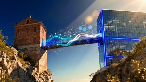 Digital bridge with glowing blue data streams connecting legacy brick building to modern glass structure, representing VistA system modernization and integration