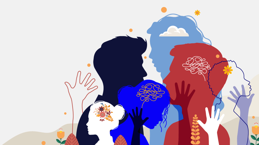 Colorful abstract illustration of overlapping silhouettes in navy, blue, red, and white, featuring symbolic elements like clouds, tangled lines representing thoughts, raised hands, and decorative flowers.