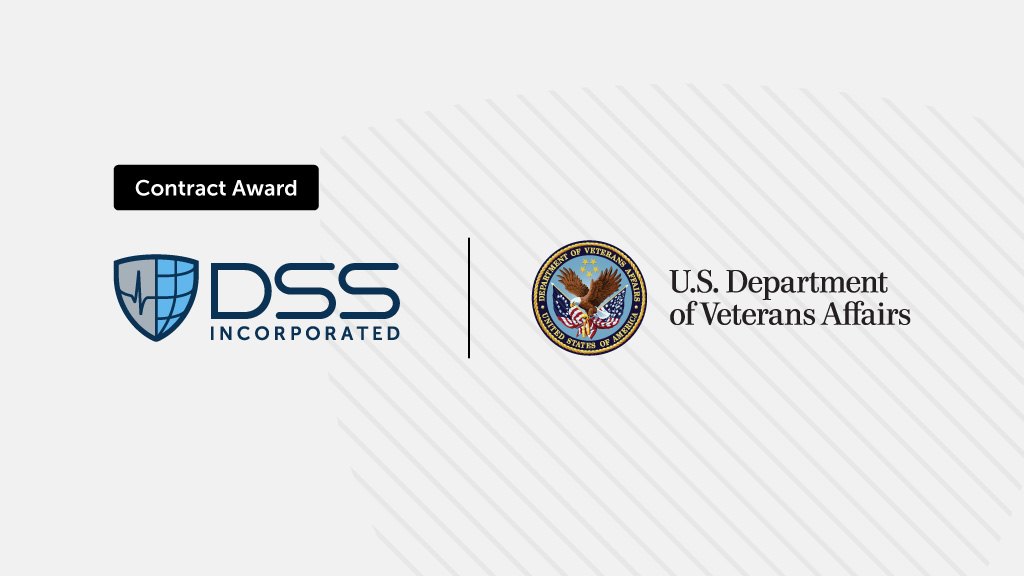 Contract award announcement showing DSS Incorporated logo (shield with globe) alongside U.S. Department of Veterans Affairs official seal and name on a light diagonal striped background