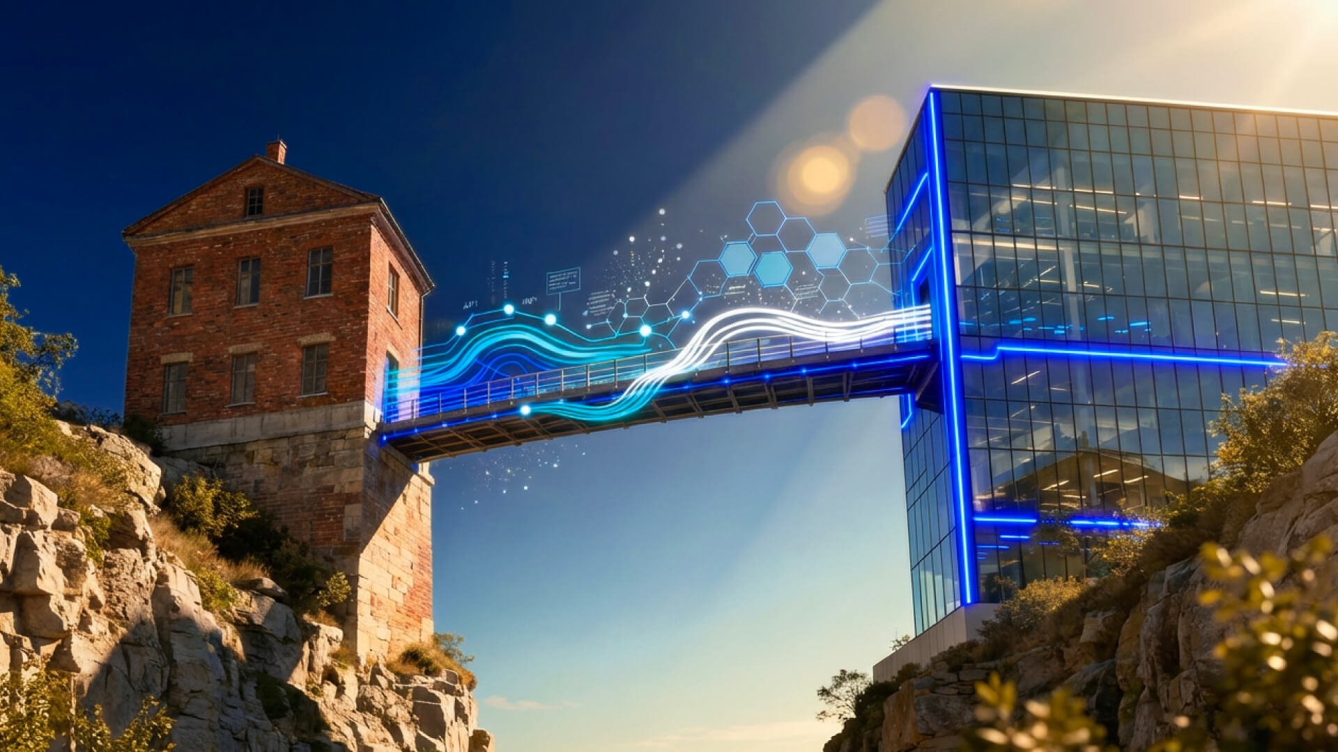 Digital bridge with glowing blue data streams connecting legacy brick building to modern glass structure, representing VistA system modernization and integration