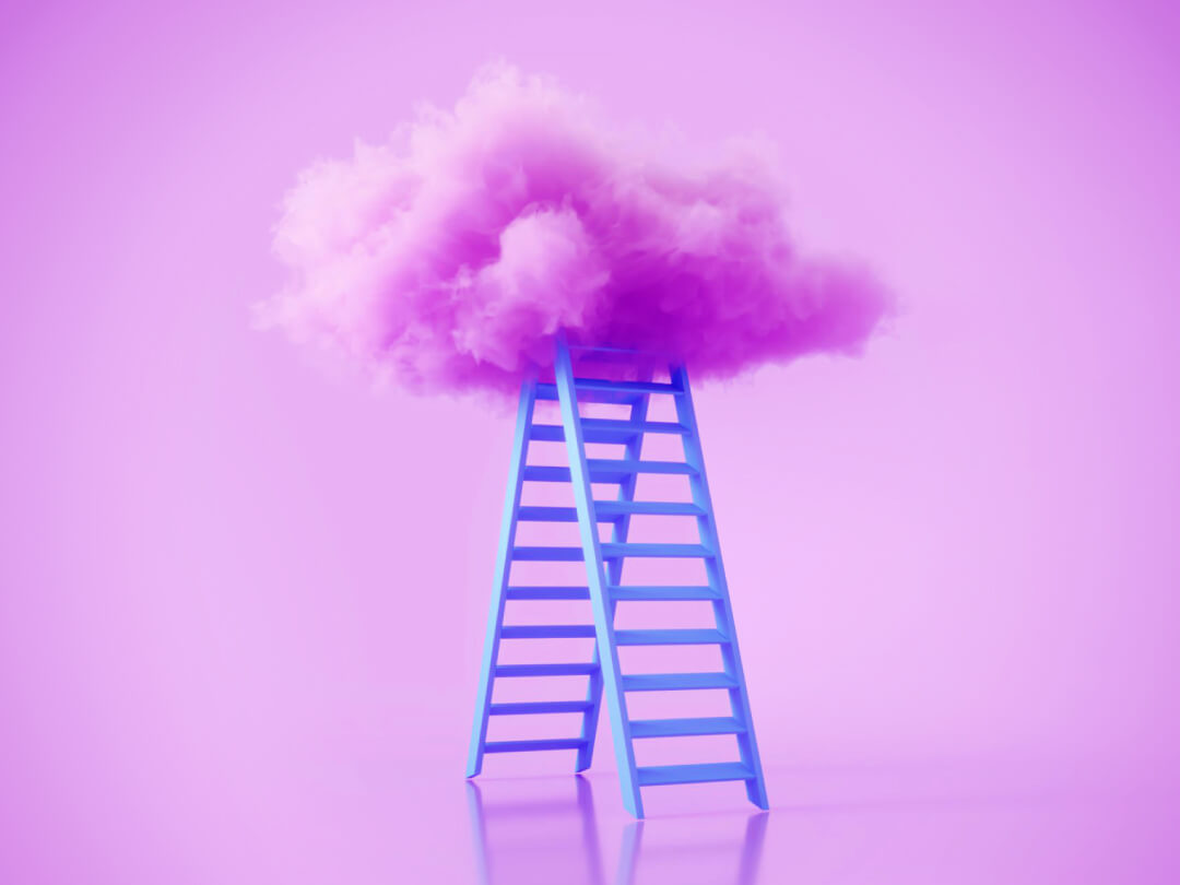 Blue step ladder reaching up to a purple cloud against a gradient pink and purple background Blue step ladder reaching up to a purple cloud against a gradient pink and purple background