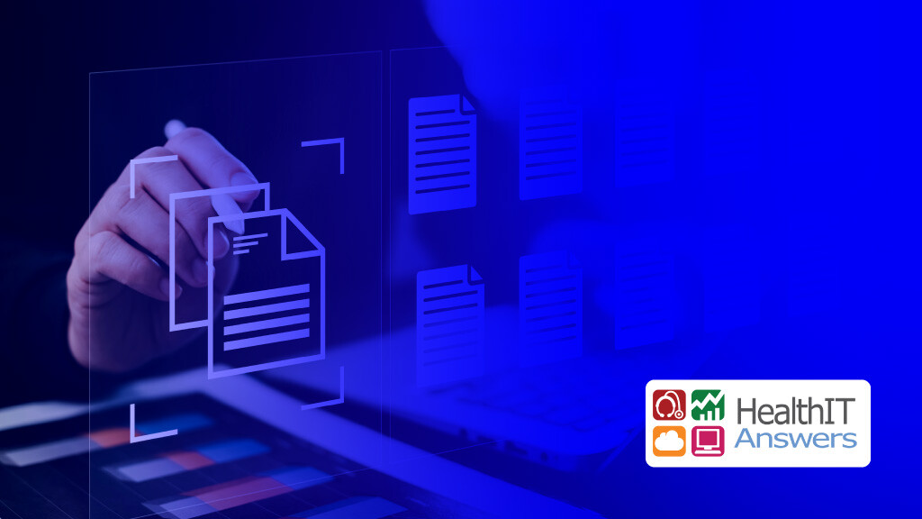 Digital document management concept with hand touching virtual file icon, surrounded by multiple document icons in a blue-tinted technological interface. HealthIT Answers logo in bottom right corner.