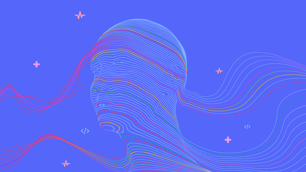 Abstract digital illustration of a human head profile formed by colorful flowing lines against a vibrant blue background, with small medical and coding symbols scattered throughout the composition.